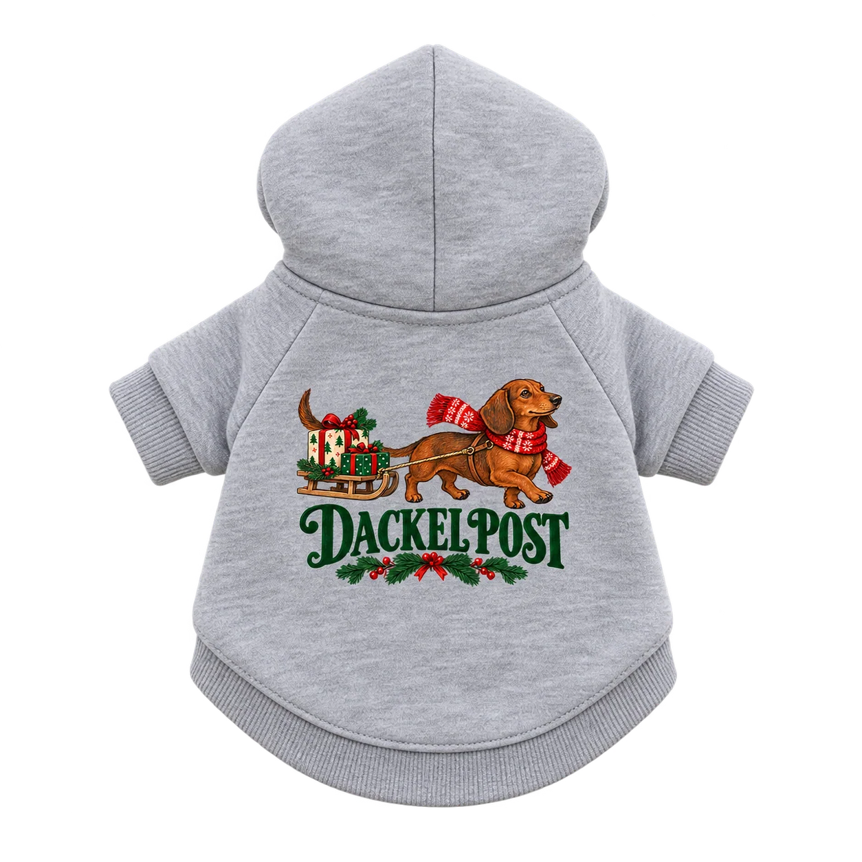 Entwurf eines grauen Hundepullovers mit Kapuze und Dackelpost-Motiv auf dem Rücken, freigestellt