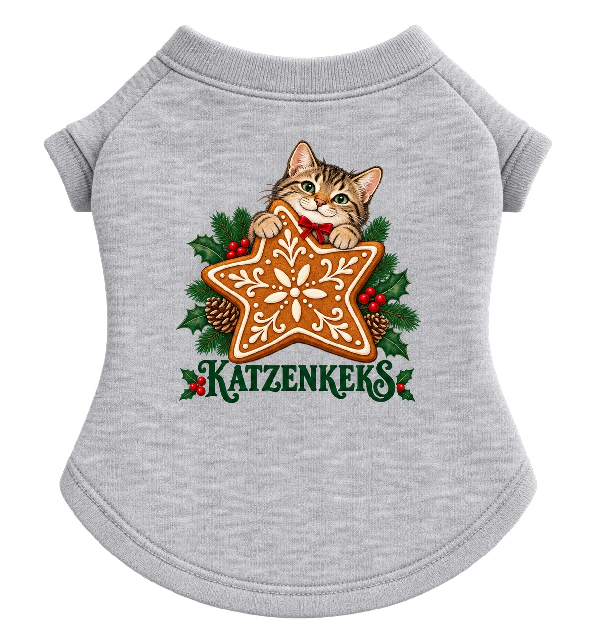 Entwurf eines grauen Katzenpullovers ohne Kapuze mit Katze und Lebkuchenstern als Rückenmotiv