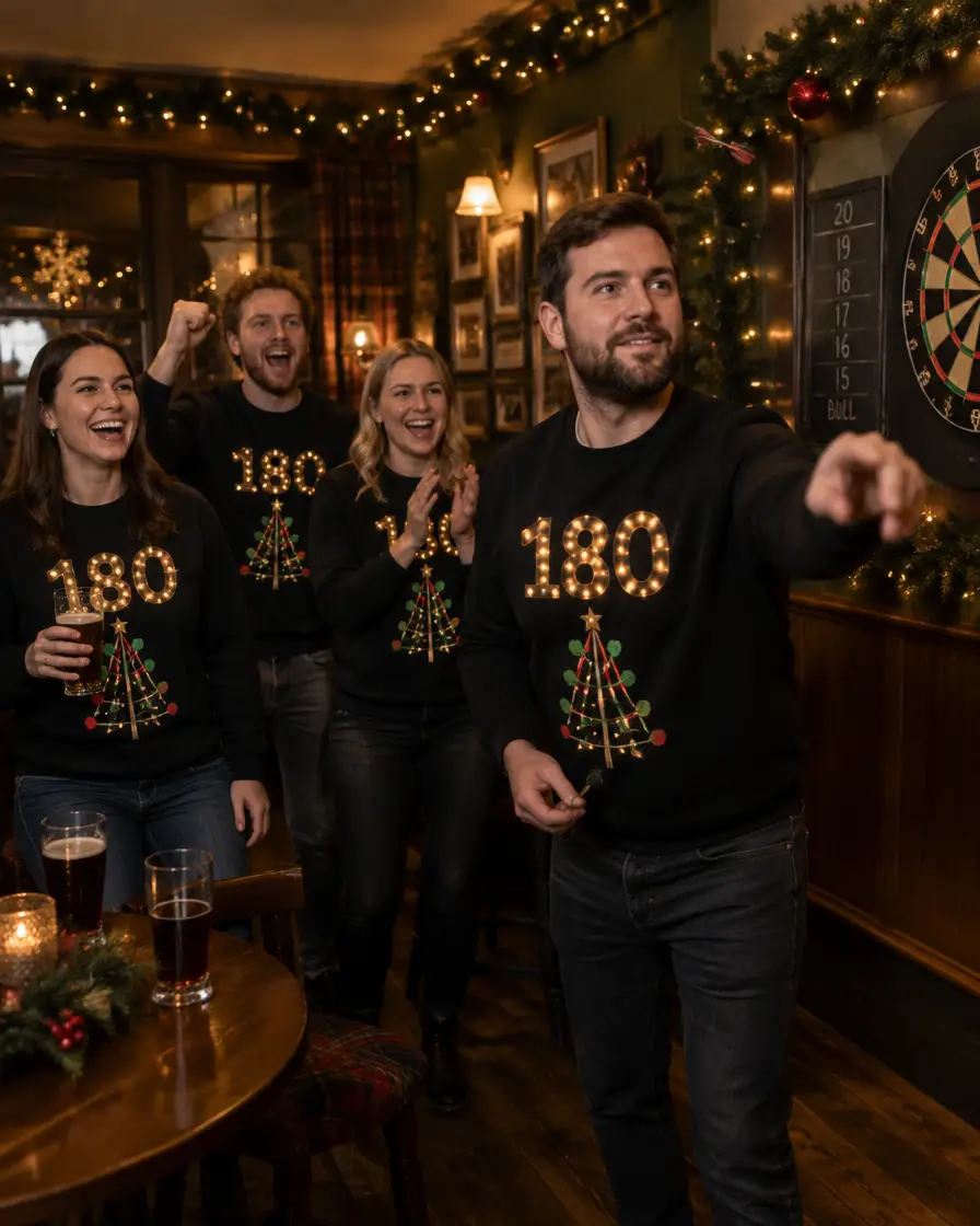 Freunde in schwarzen 180-Pullovern beim Darts