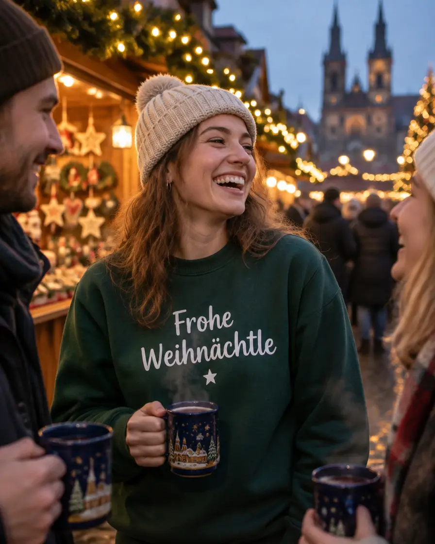 Frau im Pullover Frohe Weihnächtle auf dem Weihnachtsmarkt