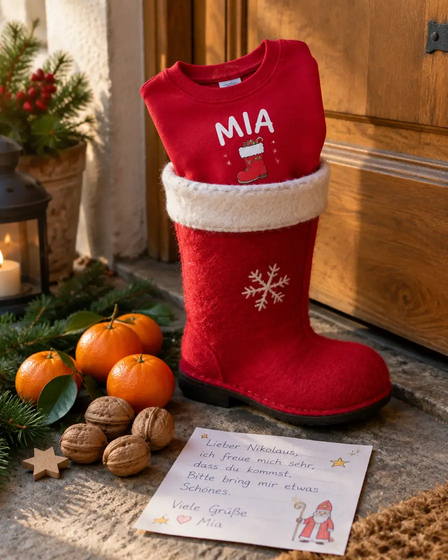 Nikolausstiefel mit rotem Kinderpullover mit dem Namen MIA