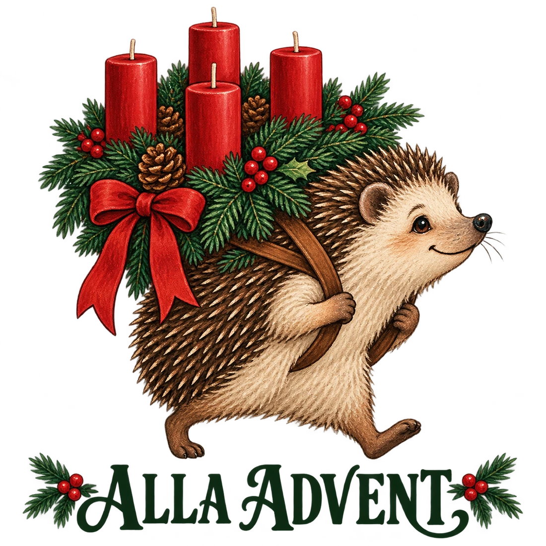 Igel mit Adventskranz und Alla Advent