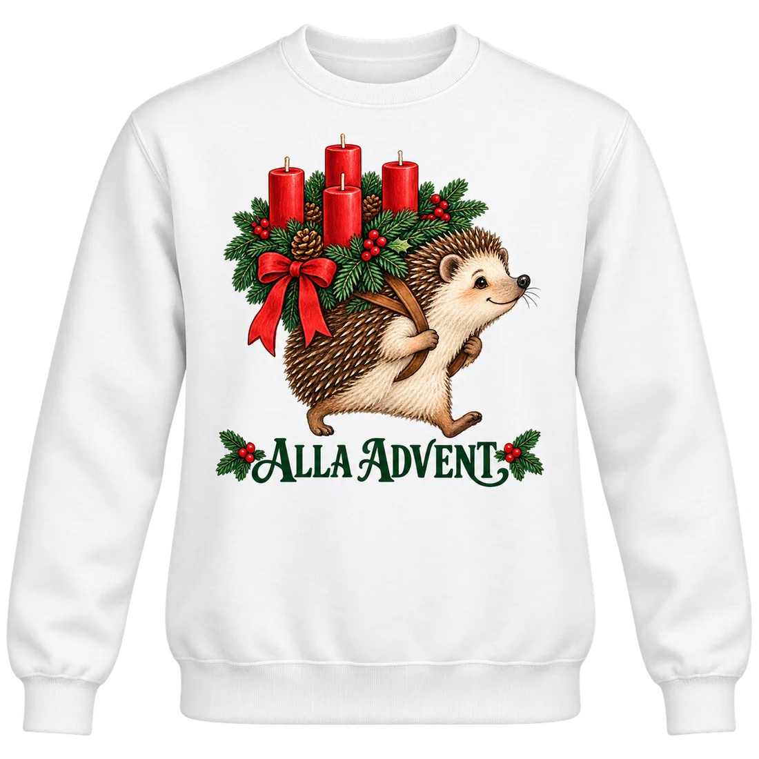 Weißer Unisex-Pullover: Igel mit Adventskranz und Alla Advent