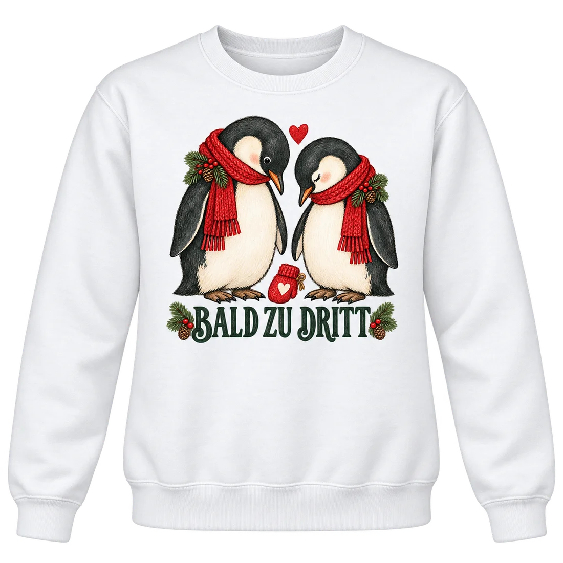 Weißer Unisex-Pullover: Zwei Pinguine mit kleinem Fäustling und Bald zu dritt