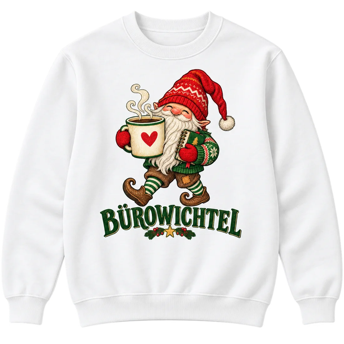 Weißer Unisex-Pullover: Wichtel mit Kaffeetasse und Schriftzug Bürowichtel