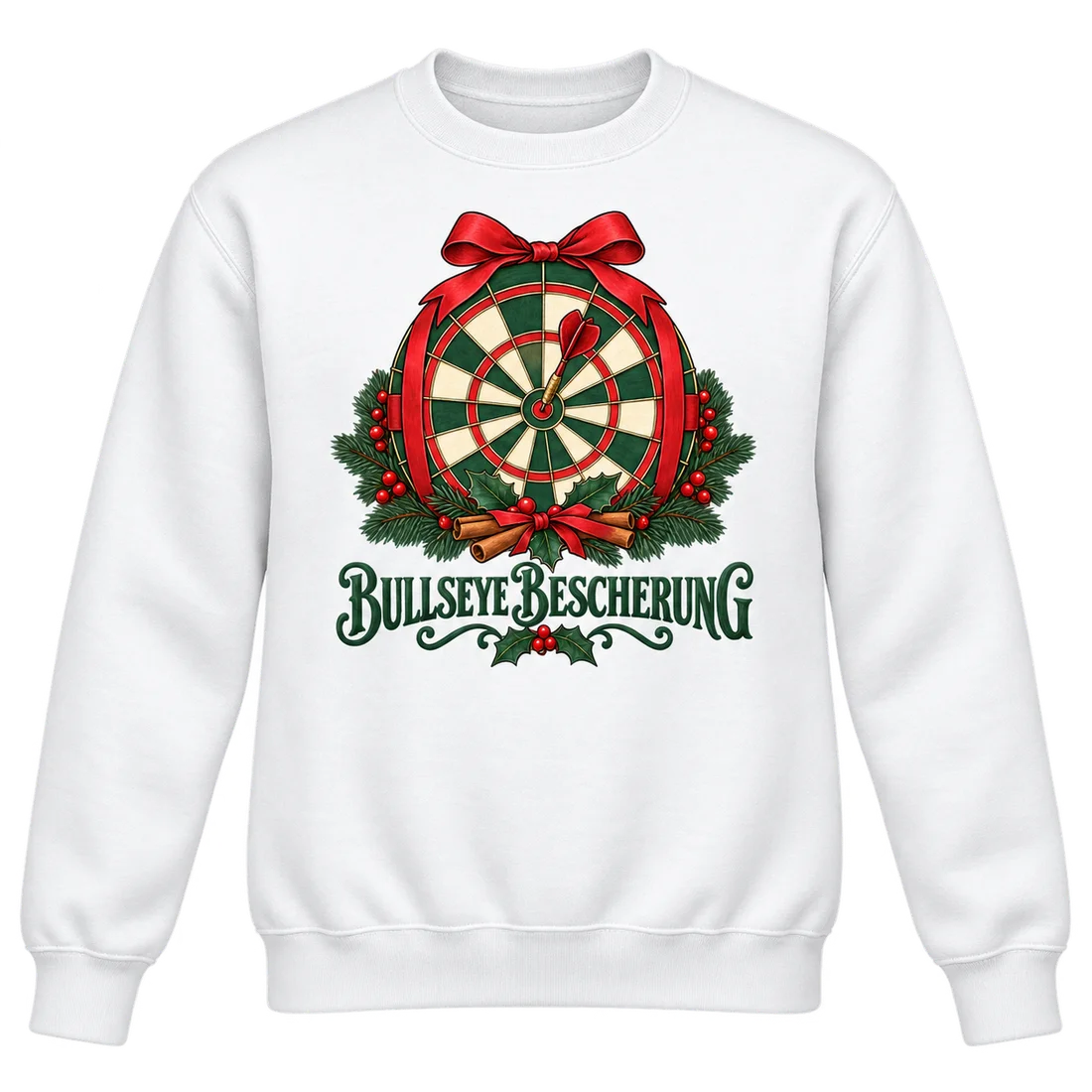 Weißer Unisex-Pullover: Festliche Dartscheibe mit Pfeil und Bullseye Bescherung