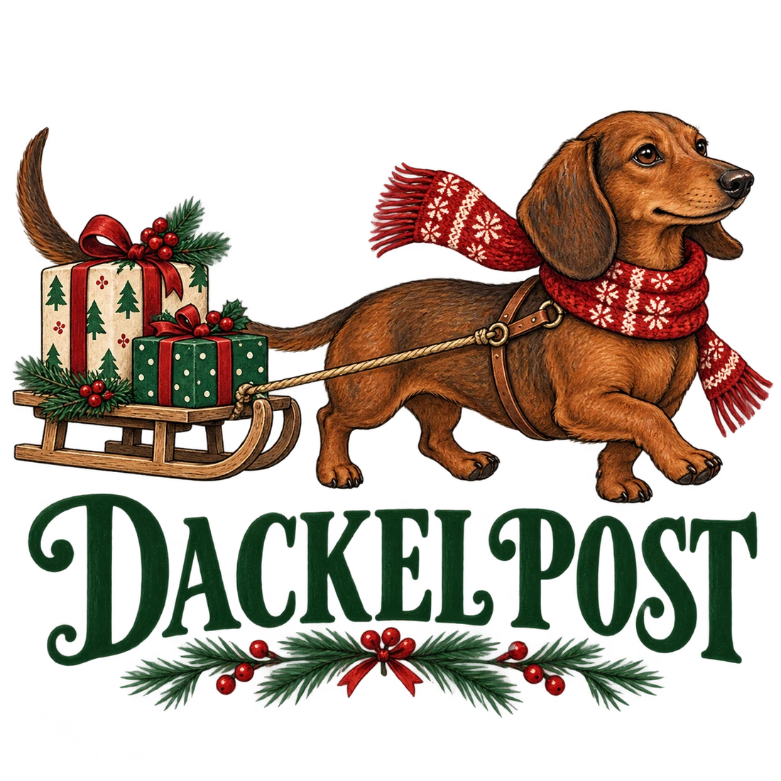 Dackel zieht Geschenkschlitten mit Dackelpost
