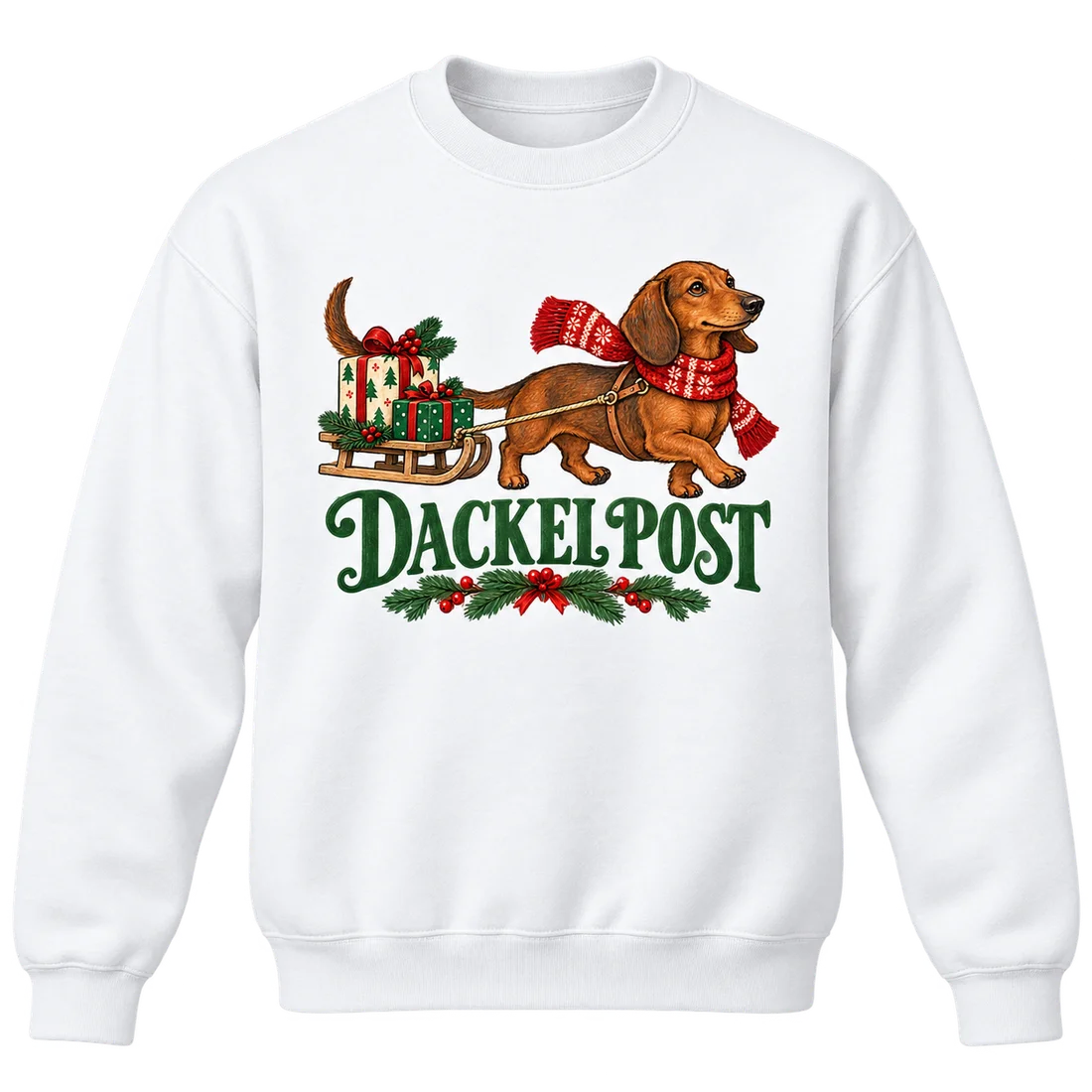 Weißer Unisex-Pullover: Dackel zieht Geschenkschlitten mit Dackelpost