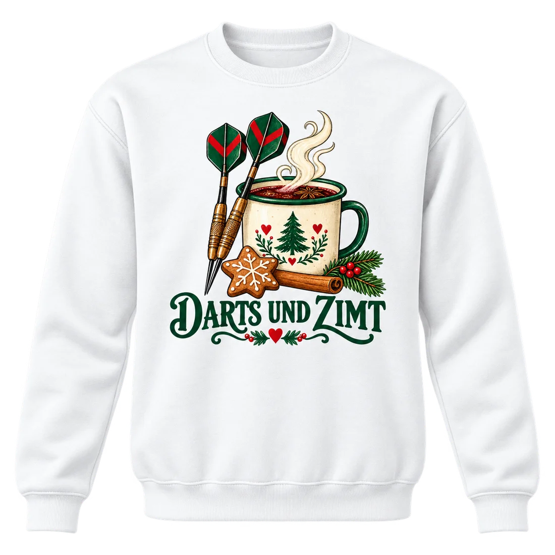 Weißer Unisex-Pullover: Dartpfeile mit Tasse Zimt und Lebkuchen mit Darts und Zimt