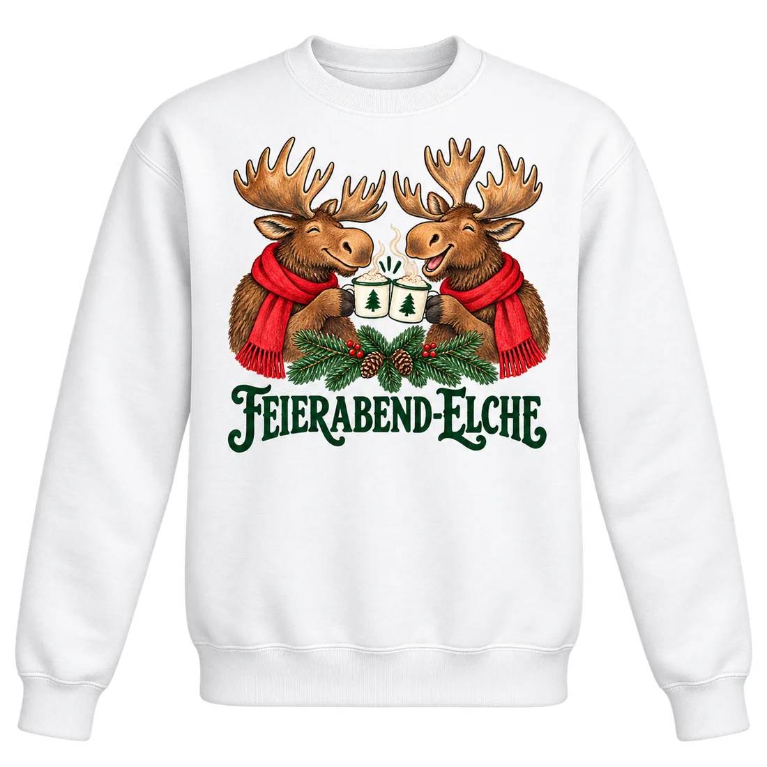 Weißer Unisex-Pullover: Zwei Elche mit Tassen und Feierabend-Elche