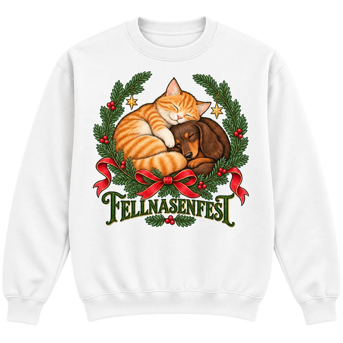 Weißer Unisex-Pullover: Schlafender Dackel und Katze im Tannenkranz mit Fellnasenfest