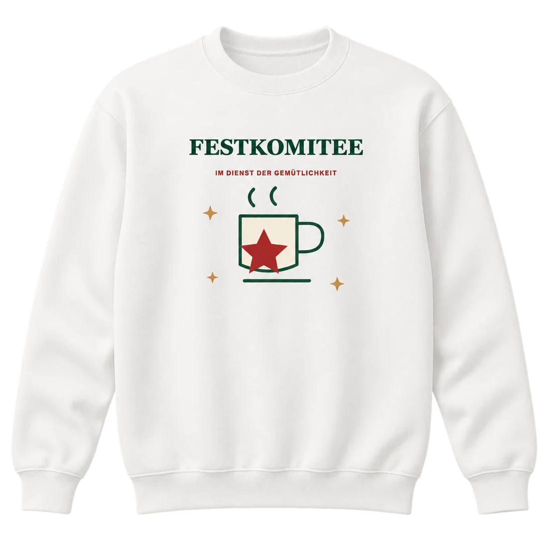 Weißer Unisex-Pullover: Sternentasse und Schriftzug Festkomitee