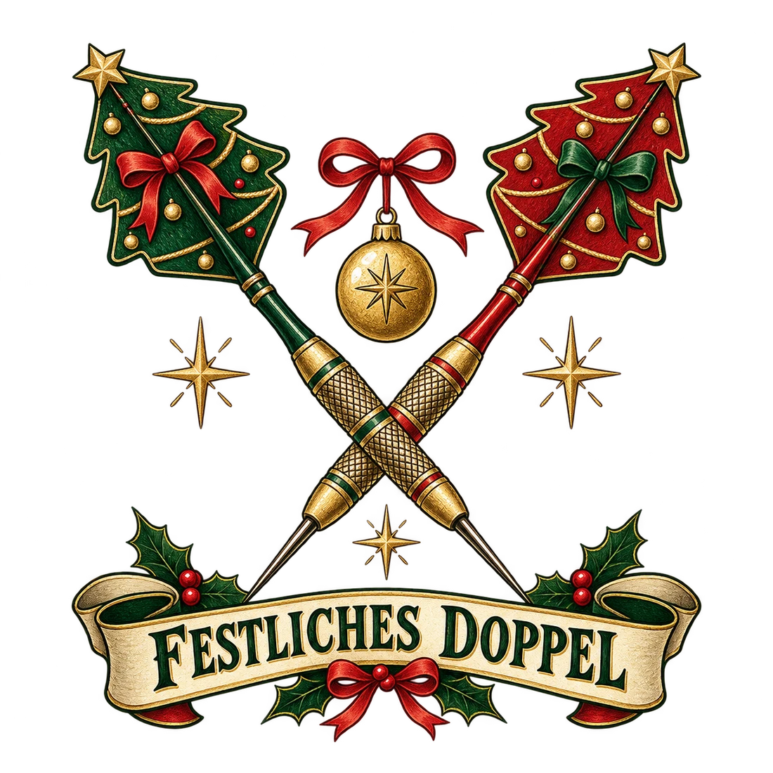 Gekreuzte Dartpfeile mit Tannenbaum-Flights und Festliches Doppel