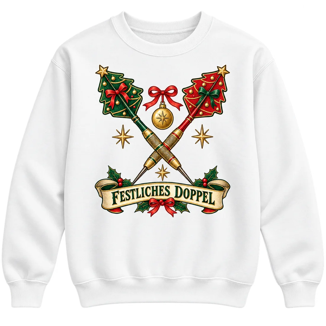 Weißer Unisex-Pullover: Gekreuzte Dartpfeile mit Tannenbaum-Flights und Festliches Doppel