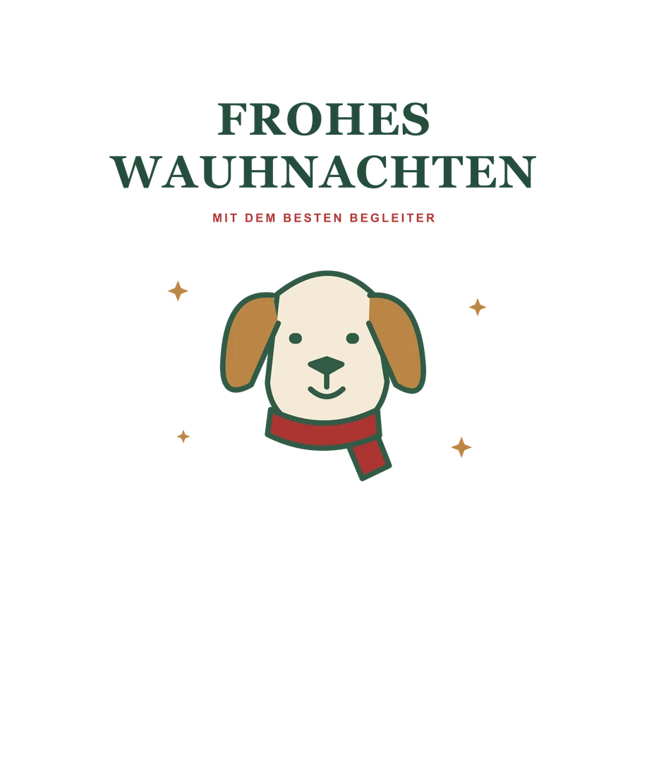 Hund mit rotem Schal und Frohes Wauhnachten