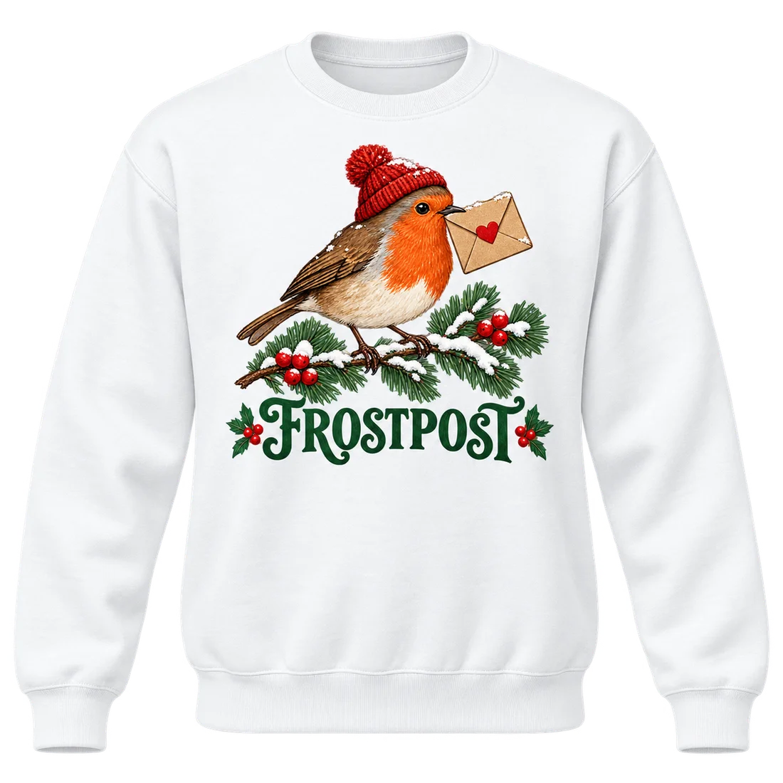 Weißer Unisex-Pullover: Rotkehlchen mit Brief und Schriftzug Frostpost