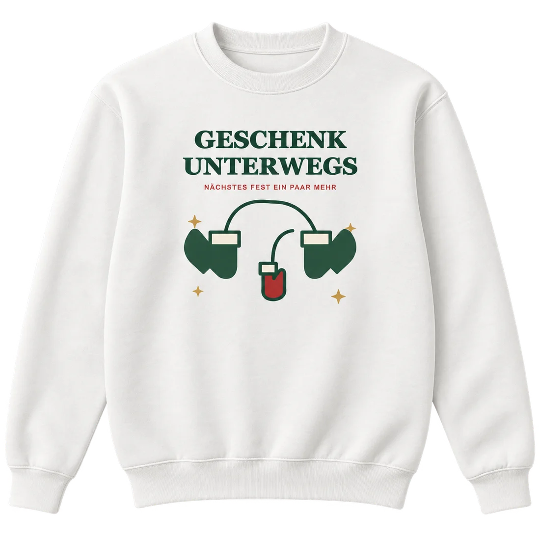 Weißer Unisex-Pullover: Zwei große und ein kleiner Handschuh mit Geschenk unterwegs