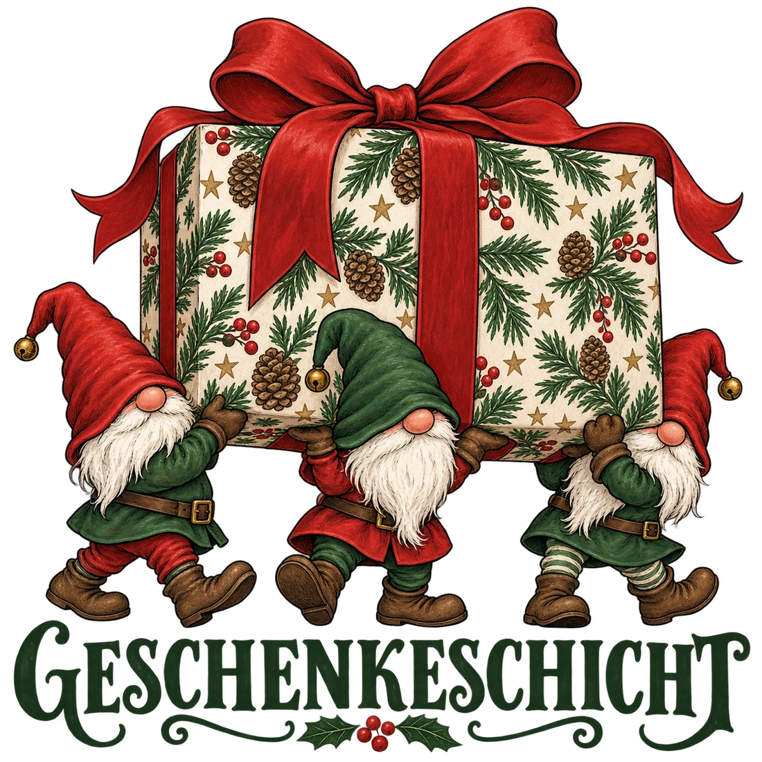 Drei Wichtel mit großem Geschenk und Geschenkeschicht