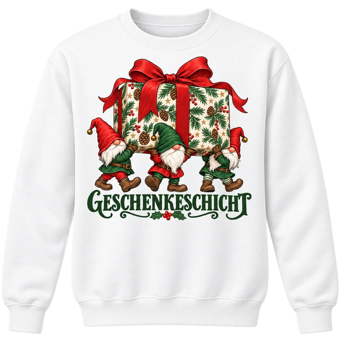 Weißer Unisex-Pullover: Drei Wichtel mit großem Geschenk und Geschenkeschicht