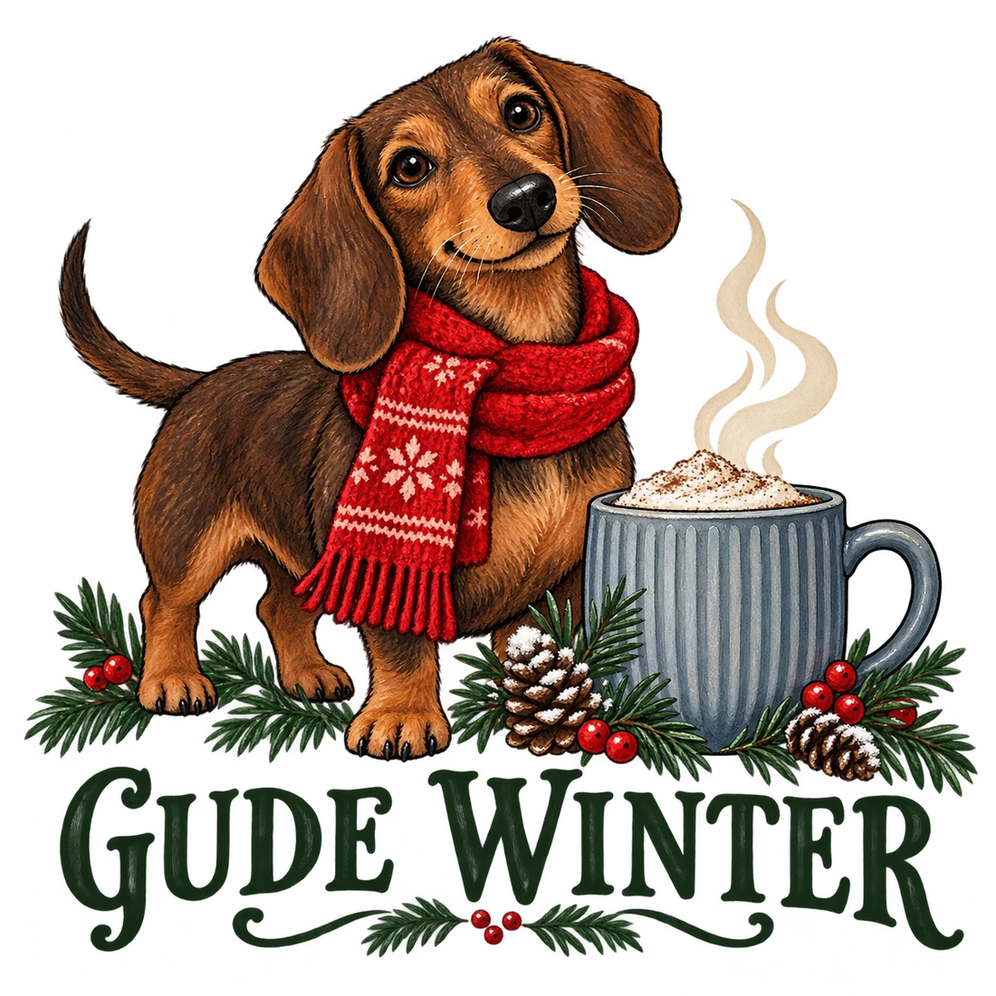 Dackel mit rotem Schal neben Becher und Gude Winter