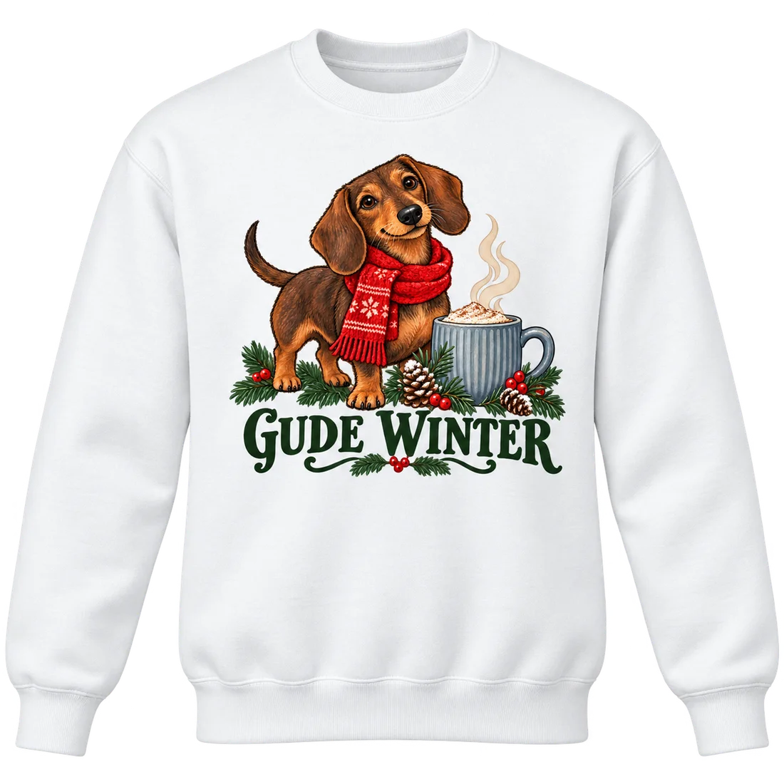 Weißer Unisex-Pullover: Dackel mit rotem Schal neben Becher und Gude Winter