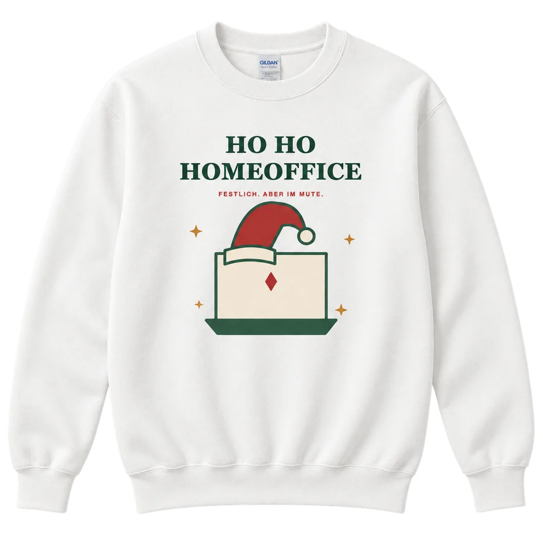 Weißer Unisex-Pullover: Laptop mit Weihnachtsmütze und Ho Ho Homeoffice