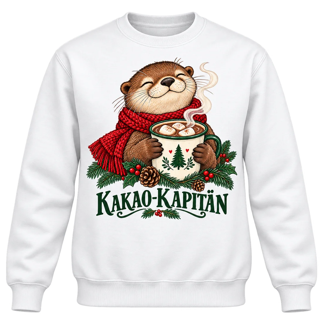Weißer Unisex-Pullover: Otter mit Kakaotasse und Kakao-Kapitän