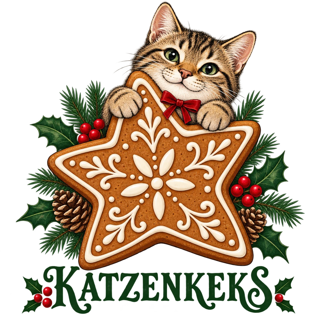 Getigerte Katze hinter Lebkuchenstern und Katzenkeks