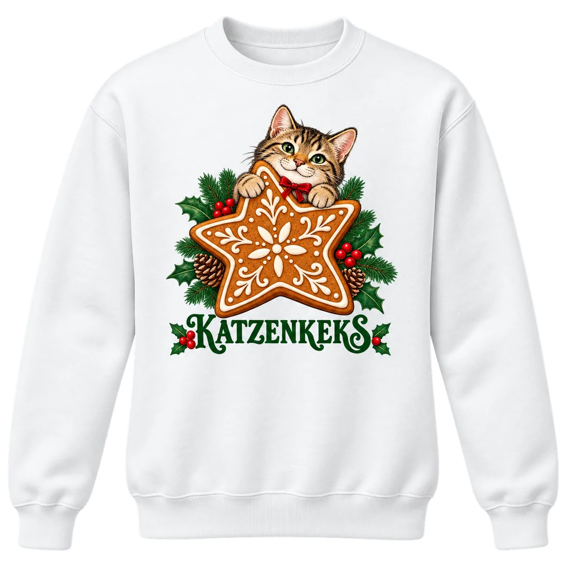 Weißer Unisex-Pullover: Getigerte Katze hinter Lebkuchenstern und Katzenkeks