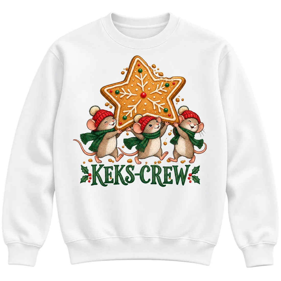 Weißer Unisex-Pullover: Drei Mäuse mit großem Lebkuchenstern und Keks-Crew