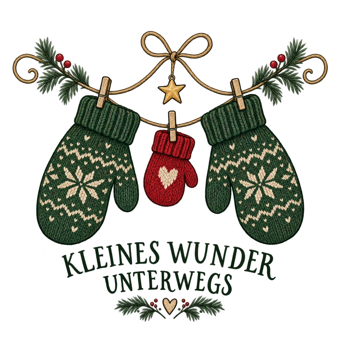 Drei gestrickte Fäustlinge und Kleines Wunder unterwegs