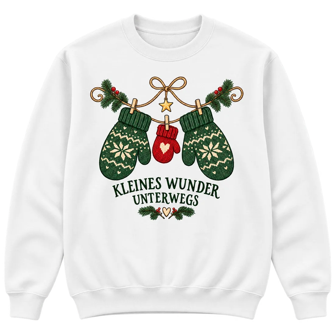 Weißer Unisex-Pullover: Drei gestrickte Fäustlinge und Kleines Wunder unterwegs