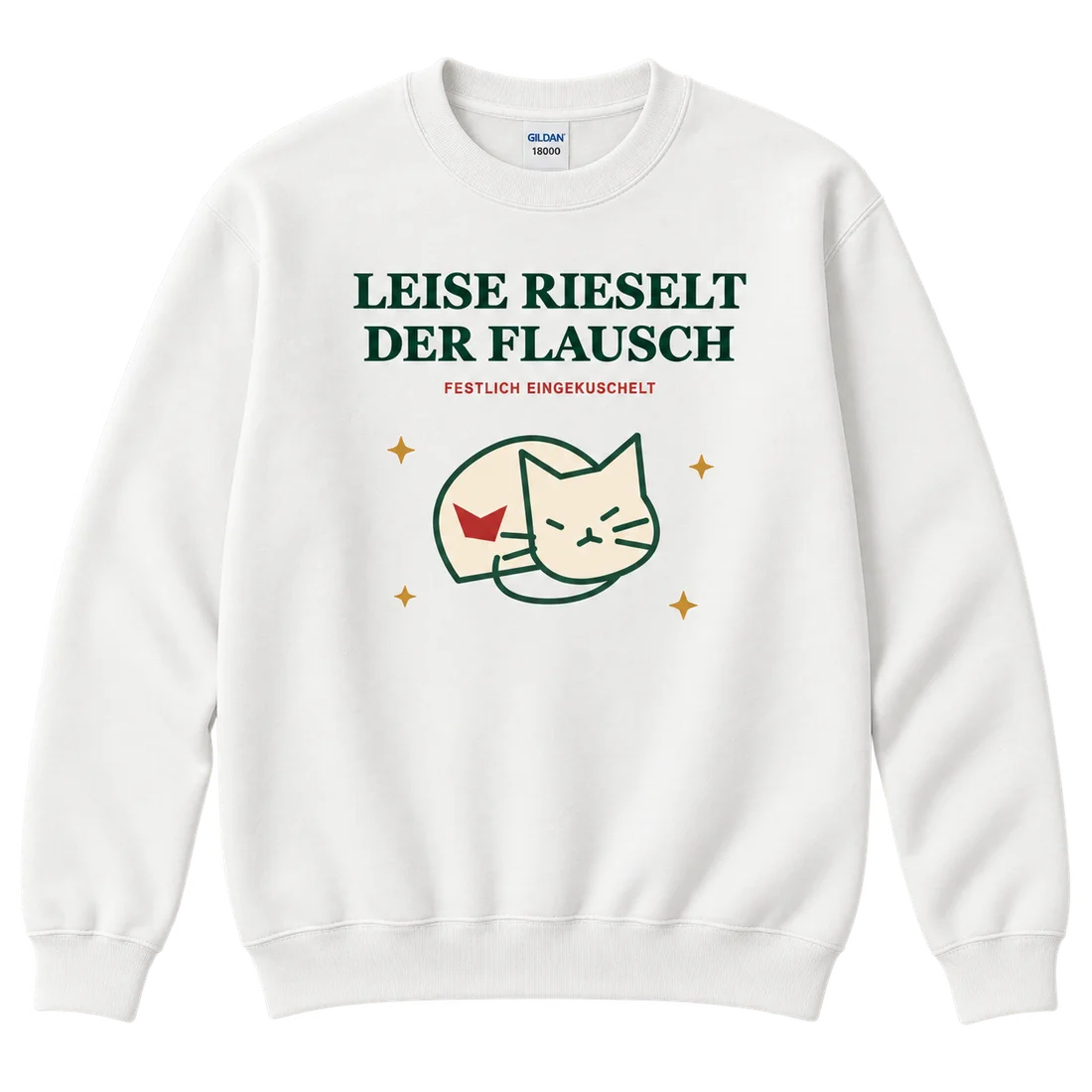 Weißer Unisex-Pullover: Eingerollte Katze und Leise rieselt der Flausch