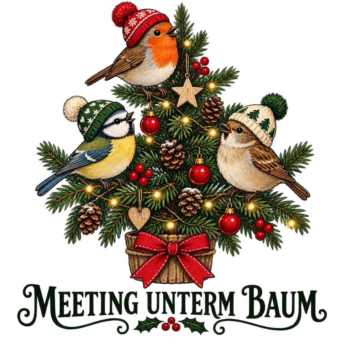 Drei Wintervögel im Weihnachtsbaum und Meeting unterm Baum