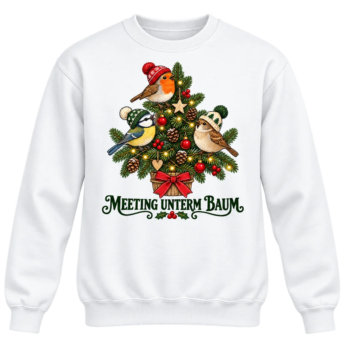 Weißer Unisex-Pullover: Drei Wintervögel im Weihnachtsbaum und Meeting unterm Baum