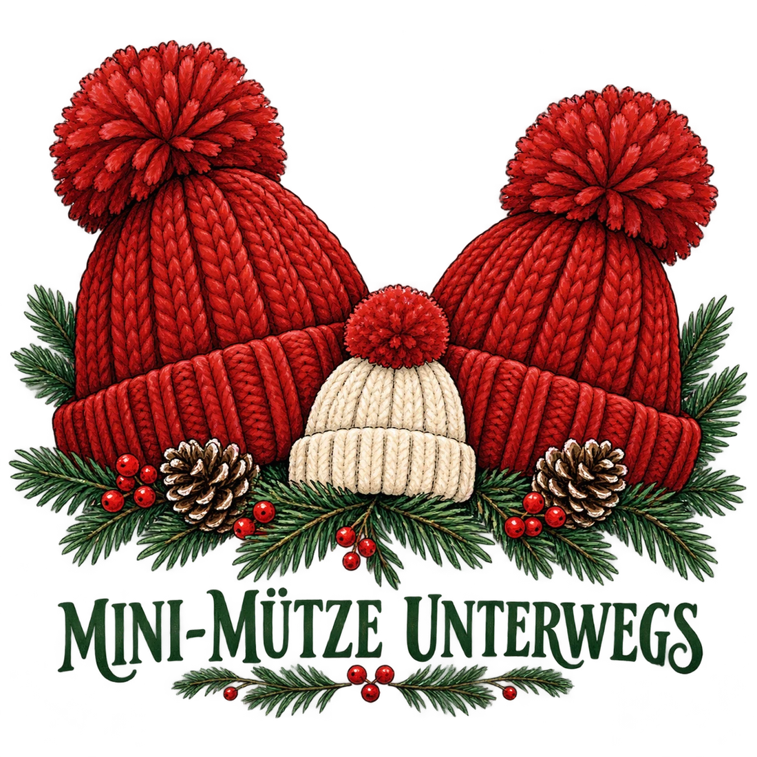 Zwei große Mützen und Babymütze mit Mini-Mütze unterwegs