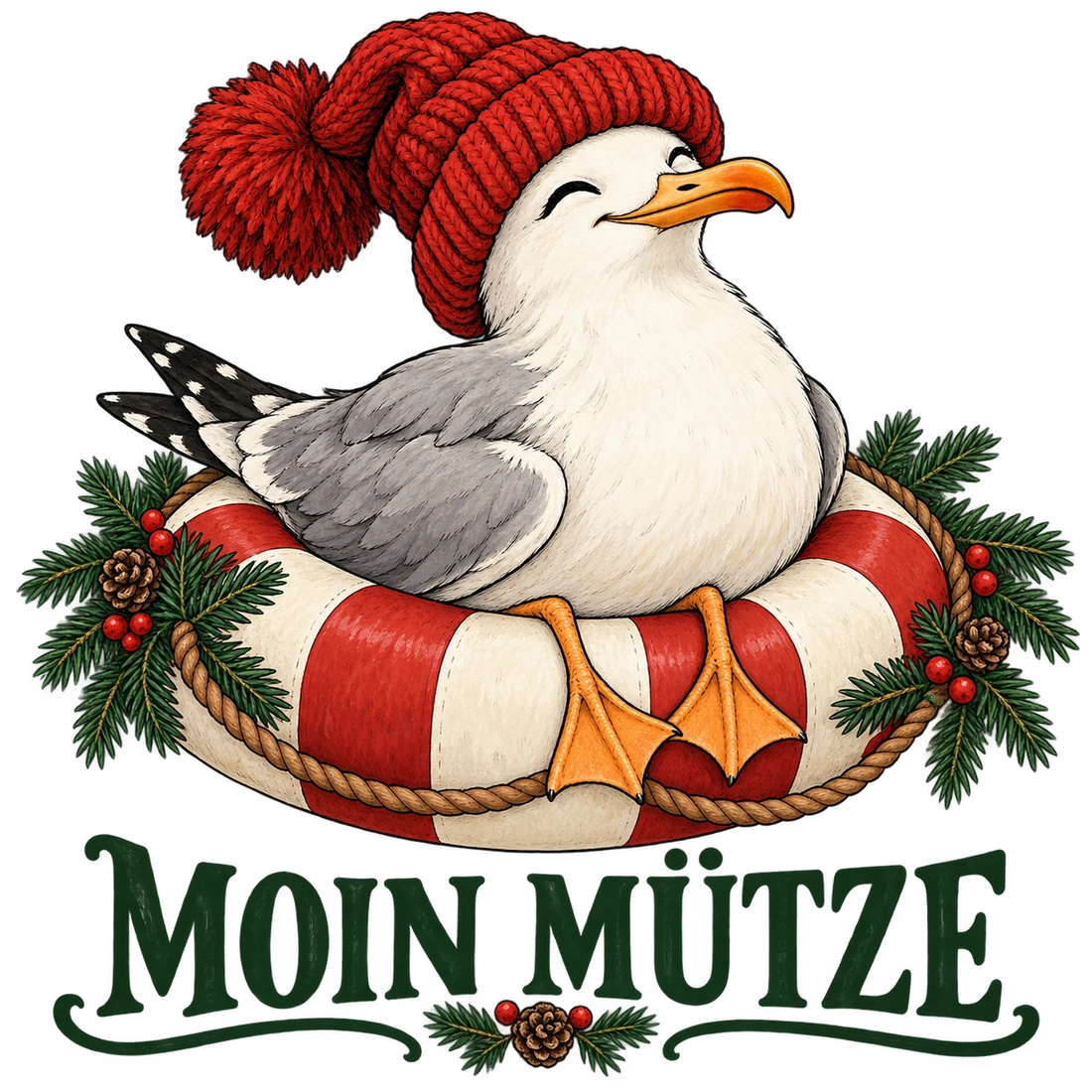Möwe mit roter Mütze auf Rettungsring und Moin Mütze