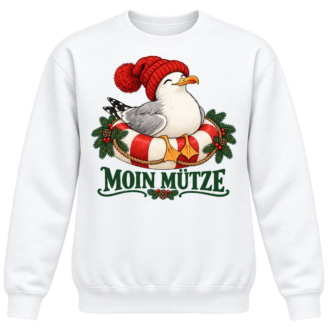 Weißer Unisex-Pullover: Möwe mit roter Mütze auf Rettungsring und Moin Mütze