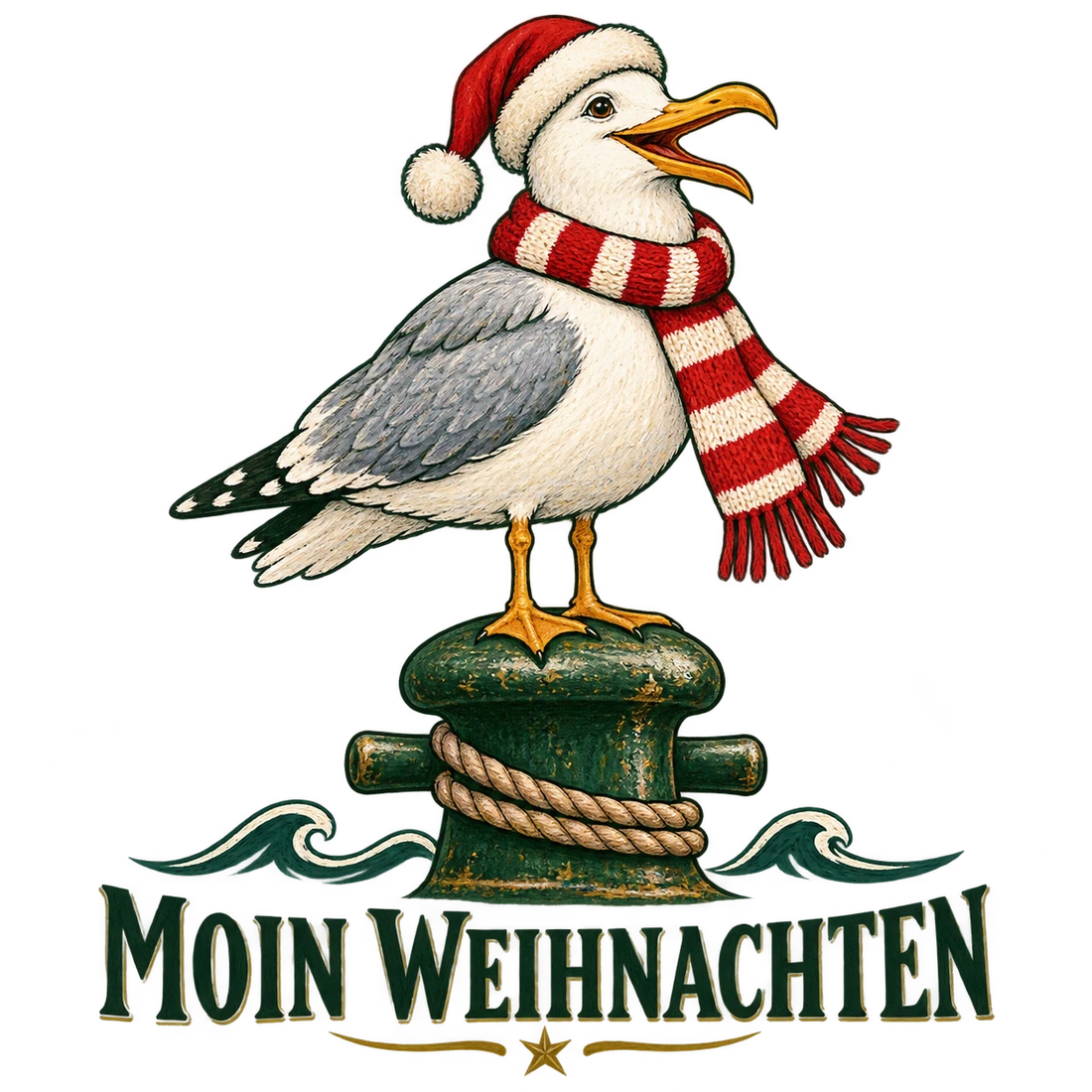Möwe mit Mütze auf Hafenpoller und Moin Weihnachten