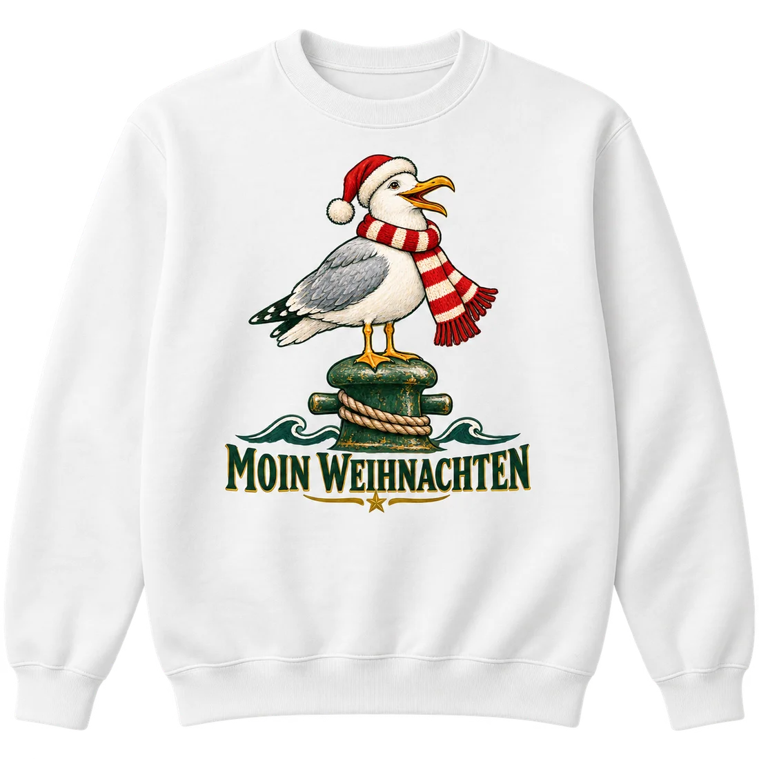 Weißer Unisex-Pullover: Möwe mit Mütze auf Hafenpoller und Moin Weihnachten