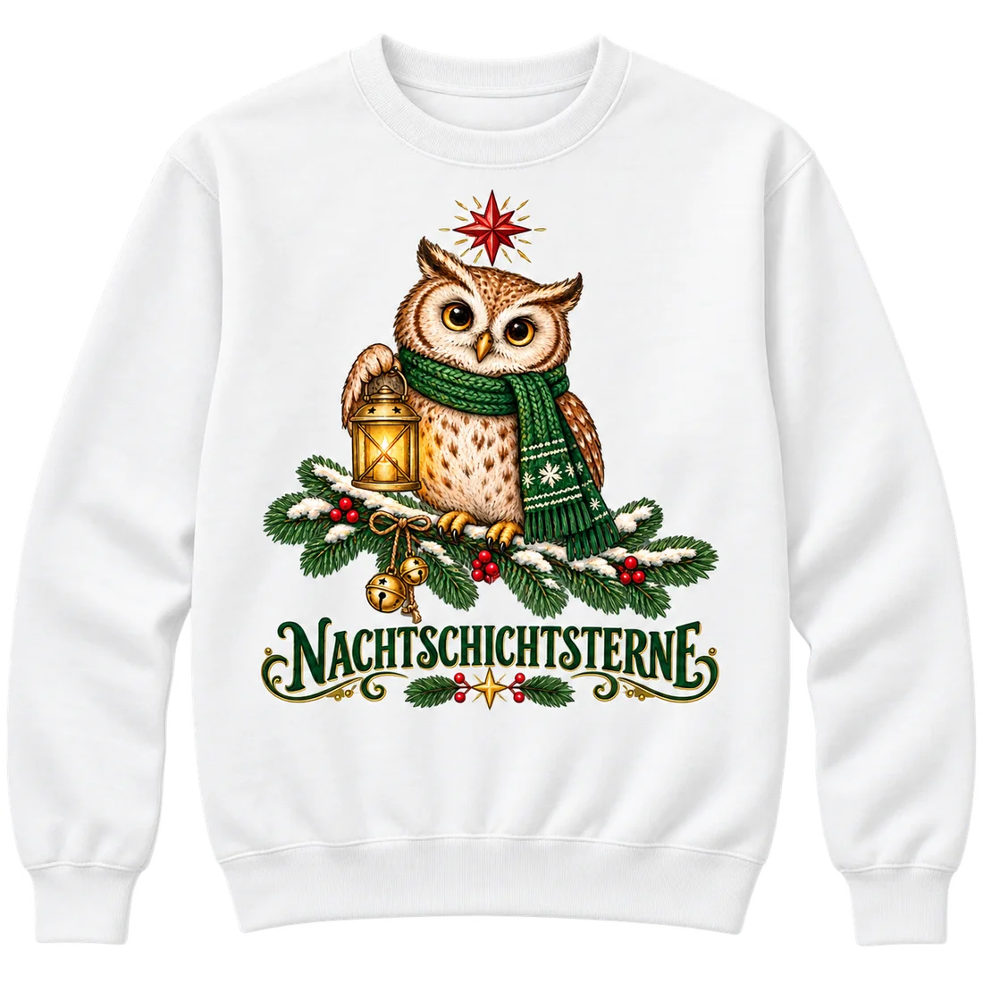 Weißer Unisex-Pullover: Eule mit Laterne und Schriftzug Nachtschichtsterne