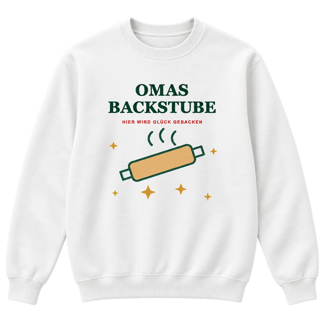 Weißer Unisex-Pullover: Nudelholz und Sterne mit Omas Backstube