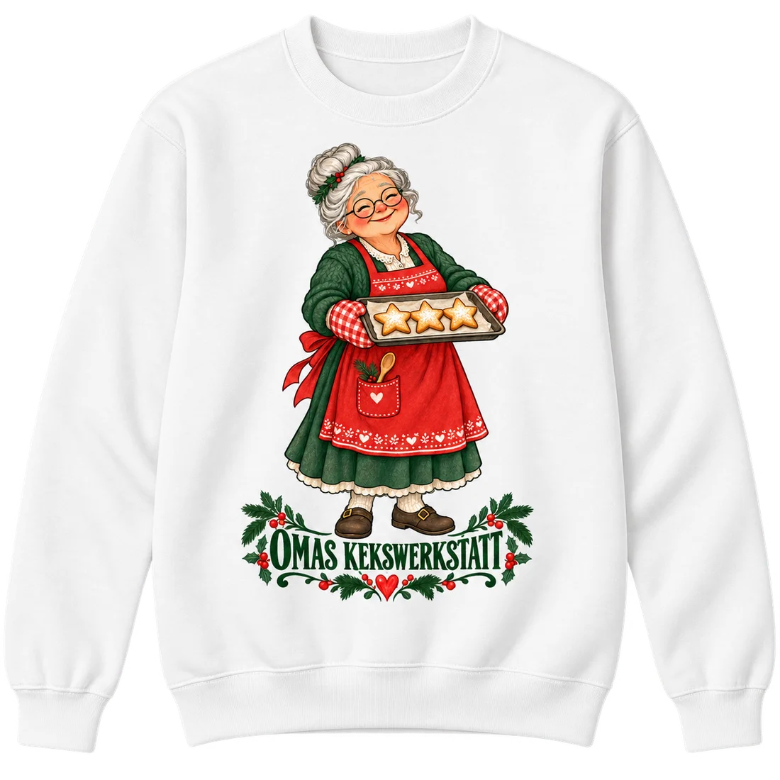 Weißer Unisex-Pullover: Lächelnde Oma mit Plätzchenblech und Omas Kekswerkstatt