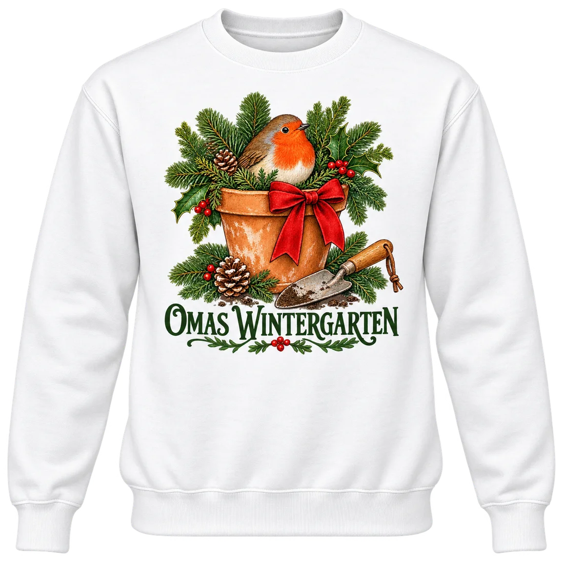 Weißer Unisex-Pullover: Rotkehlchen im Blumentopf mit Omas Wintergarten