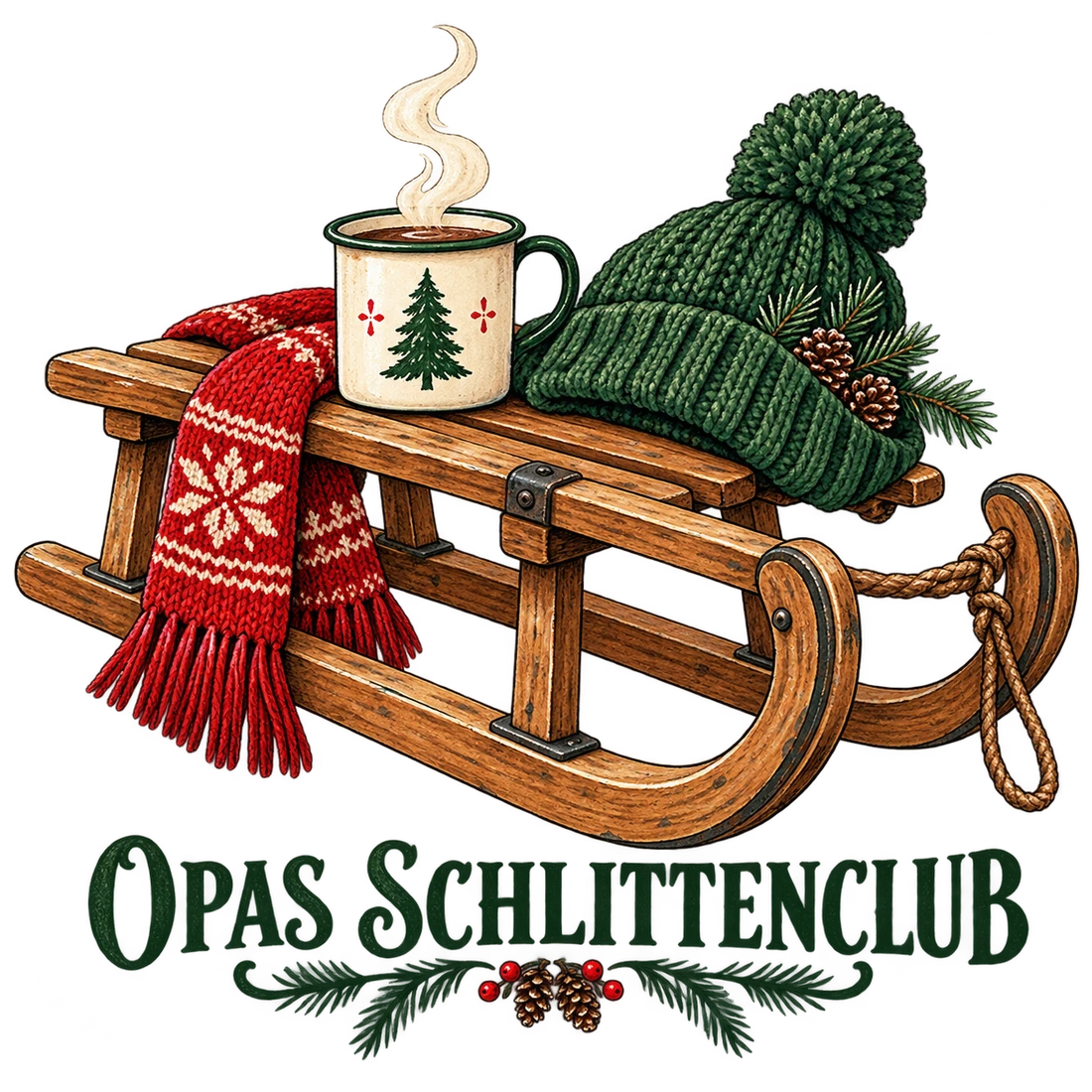 Holzschlitten mit Mütze und Tasse mit Opas Schlittenclub