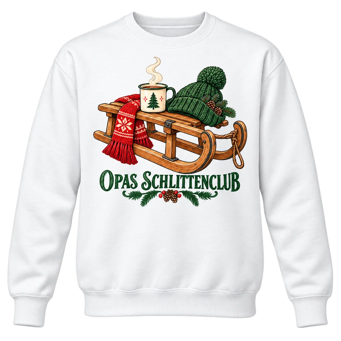 Weißer Unisex-Pullover: Holzschlitten mit Mütze und Tasse mit Opas Schlittenclub
