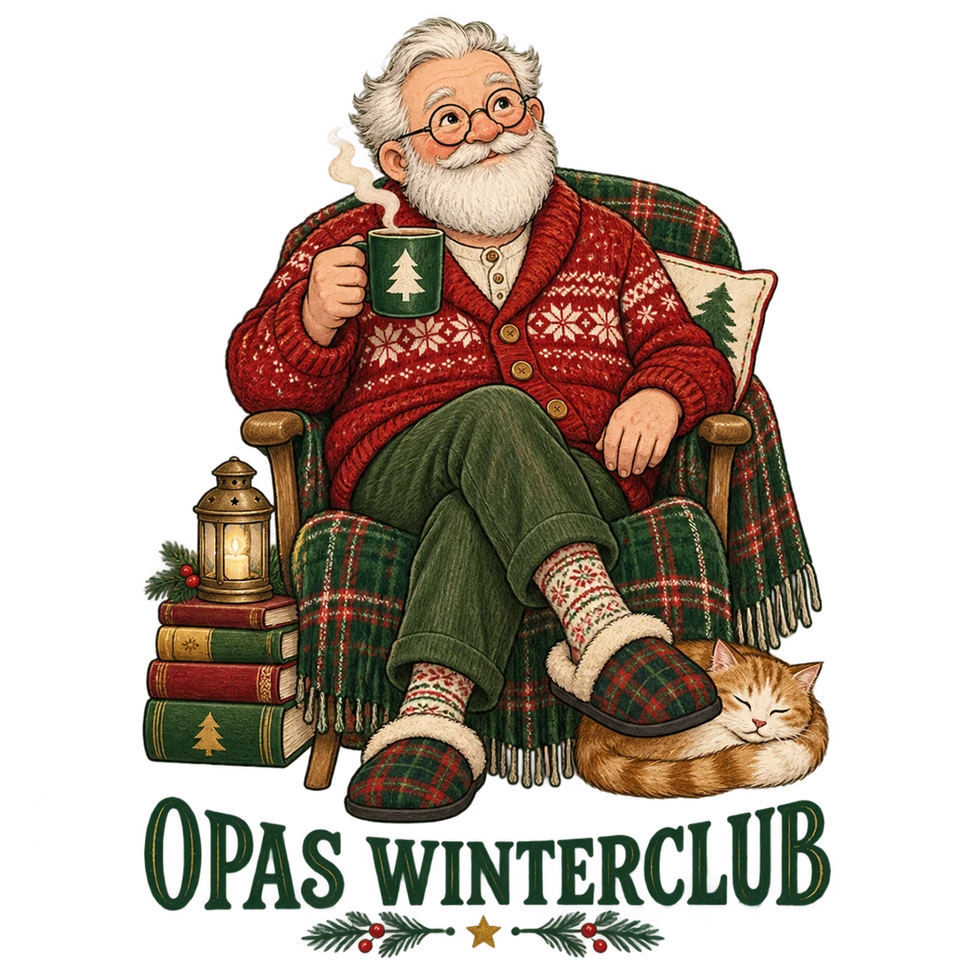 Opa mit Tasse im Sessel und Opas Winterclub