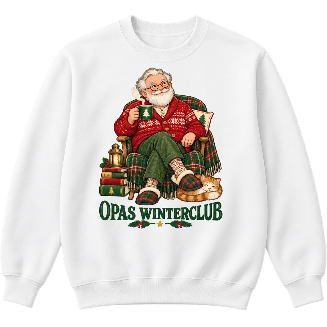 Weißer Unisex-Pullover: Opa mit Tasse im Sessel und Opas Winterclub