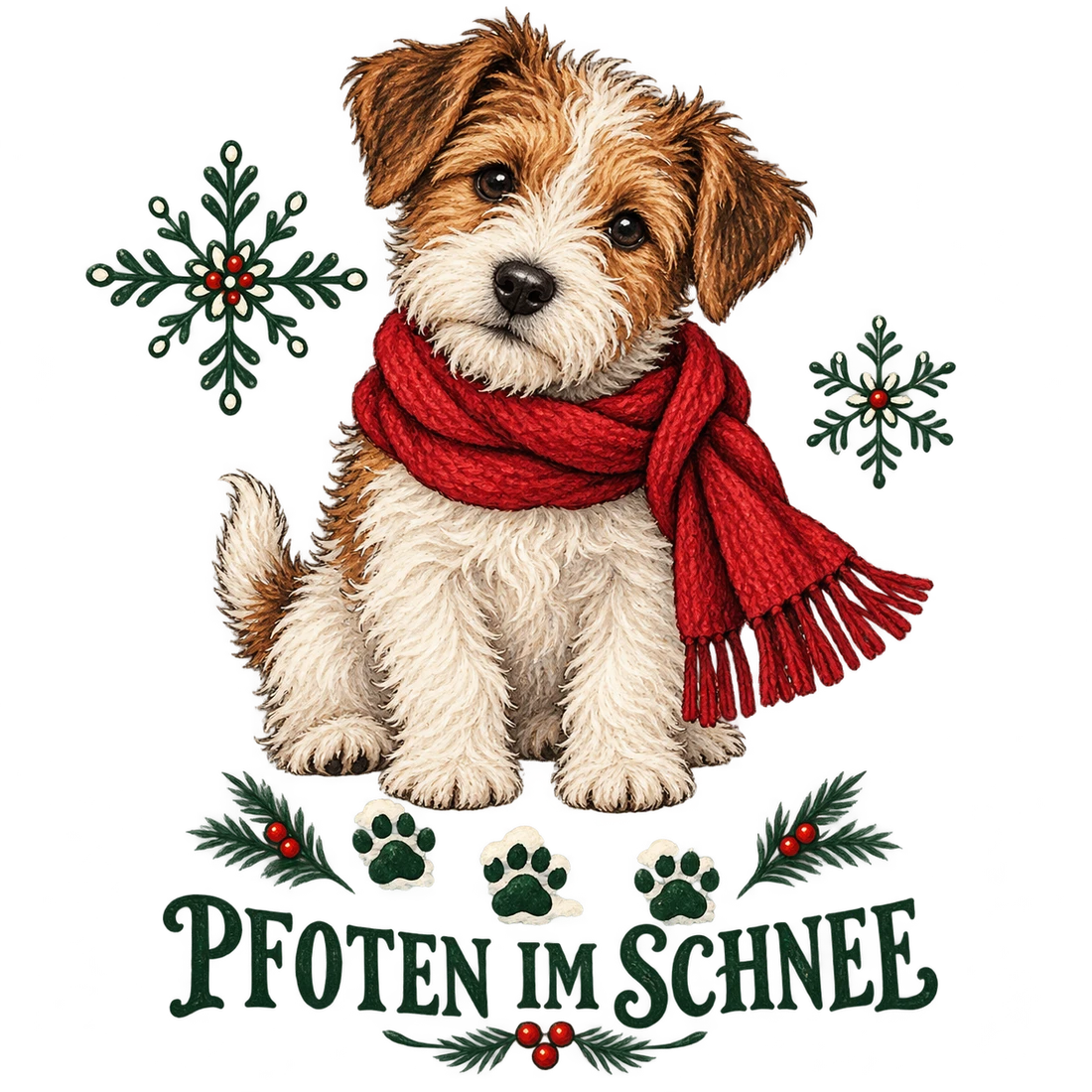 Terrier mit rotem Schal und Pfotenspuren mit Pfoten im Schnee