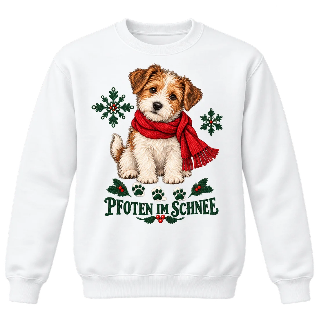 Weißer Unisex-Pullover: Terrier mit rotem Schal und Pfotenspuren mit Pfoten im Schnee